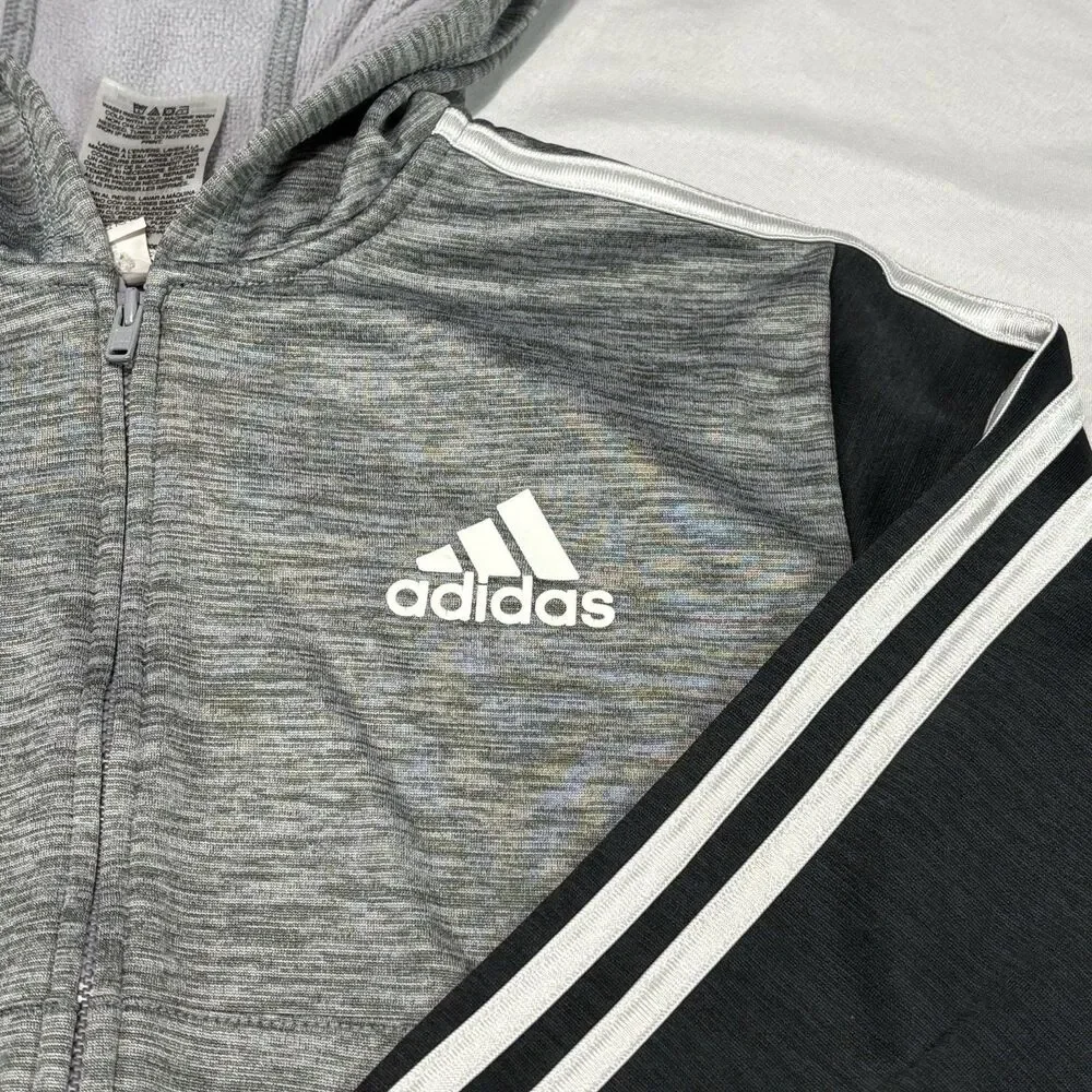 Adidas Boys Size 6 Hooded Full Zip Jacket Charcoal Heather Gray Black Hoodie